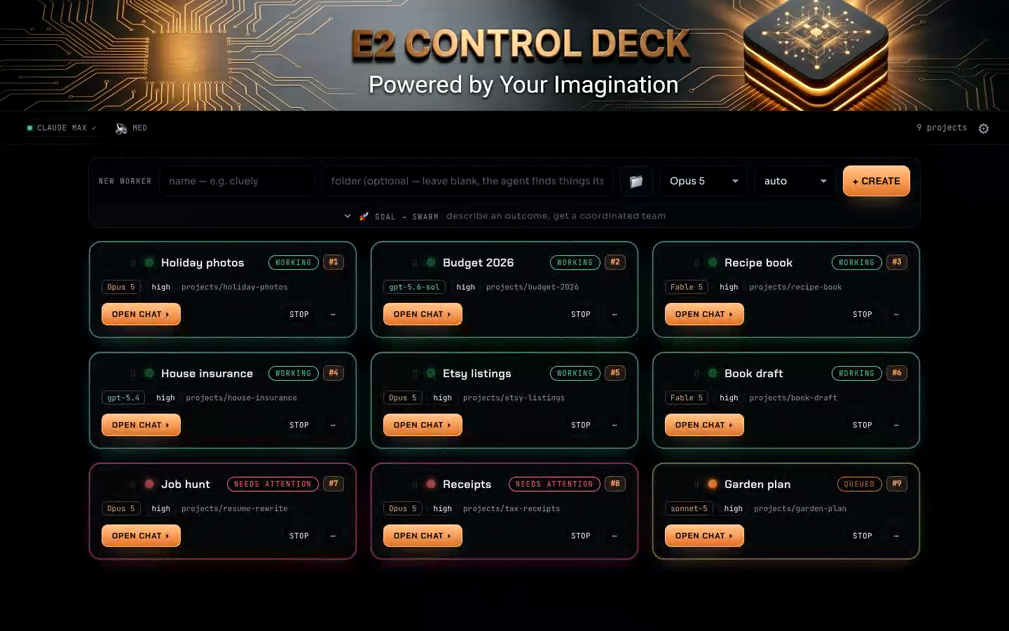 The E2 Control Deck running nine workers at once, six of them working, two waiting for an answer and one queued.